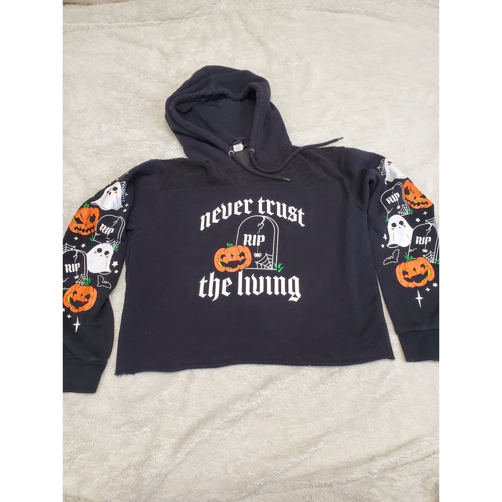 Social Collision Black Orange Halloween Pumpkin Cropped Hoodie Top Women Small